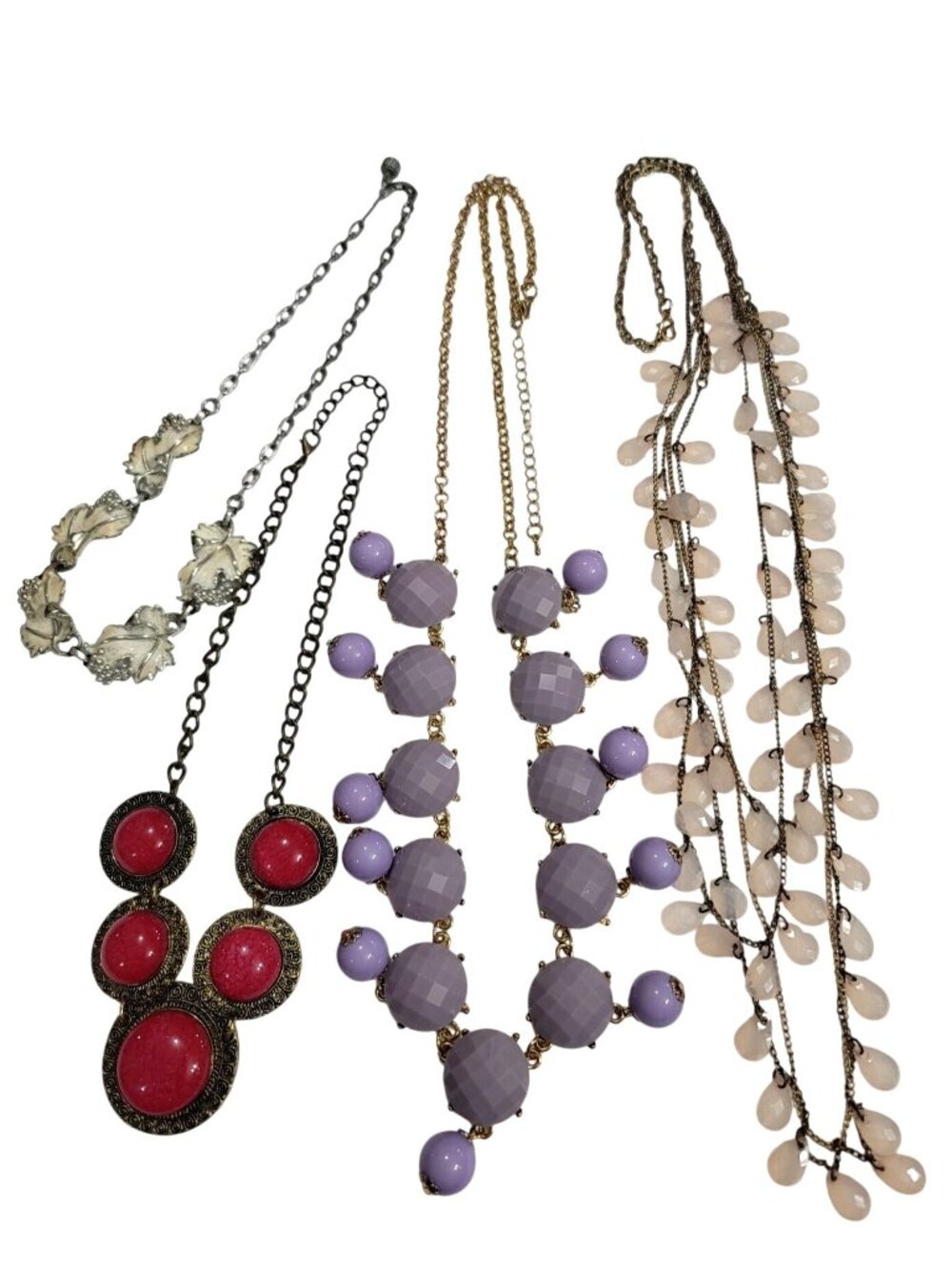 Vintage Multi-Style Necklace Lot With Silver Purple Pink Statement & Layered Des